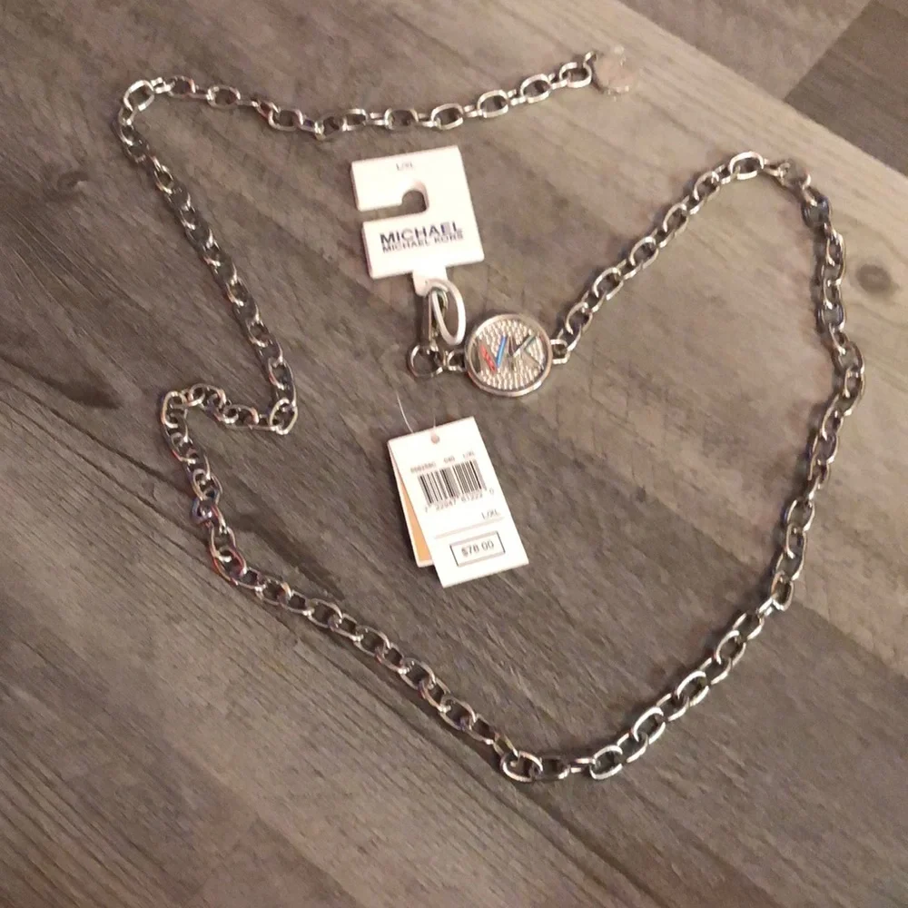 Michael Kors Silver Tone Chain Link Belt With Round Pave MK Logo Size L/XL NWT - Picture 6 of 12